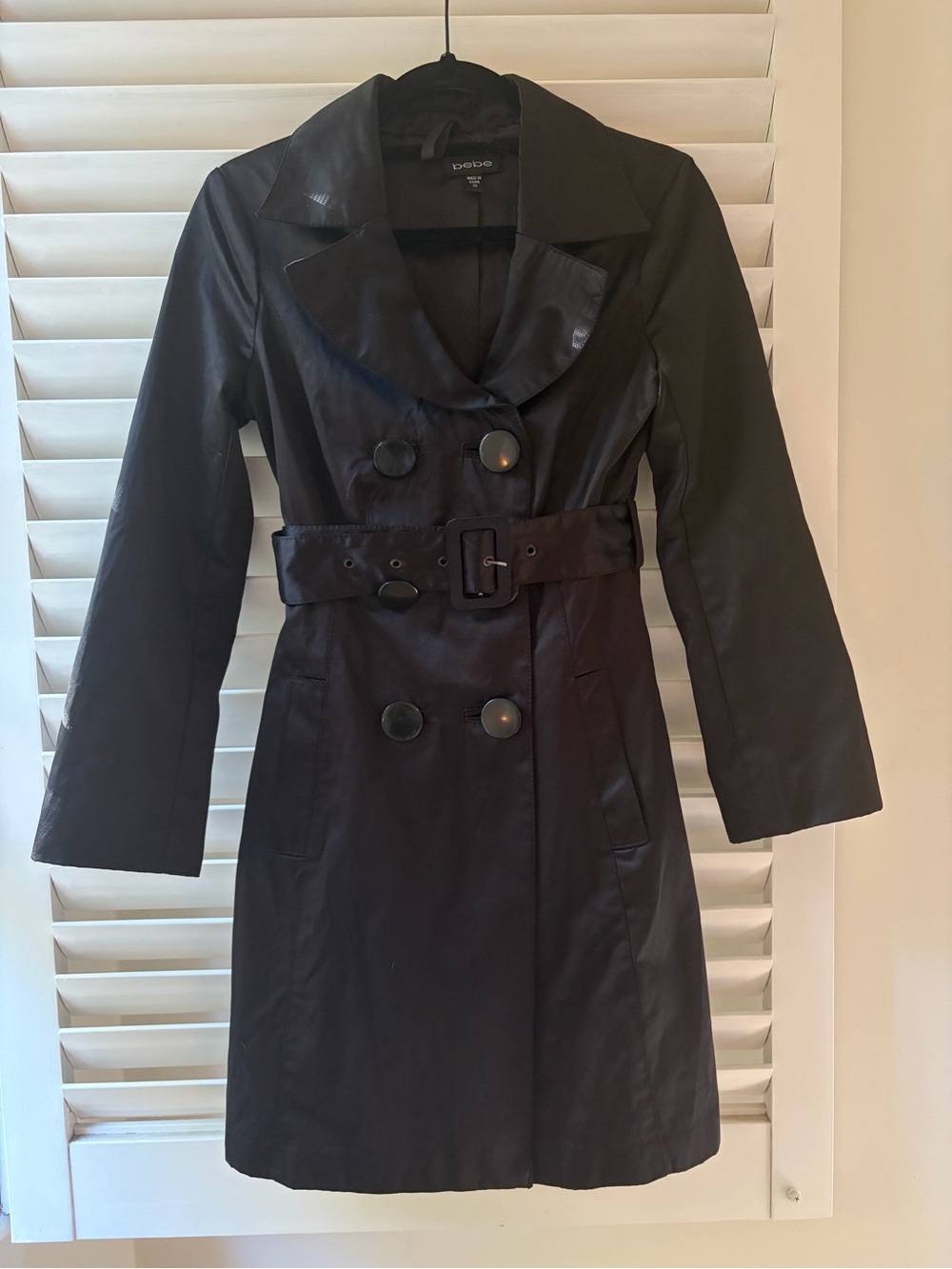 1990s Vintage bebe Black Double-Breasted Trench Coat with Belt